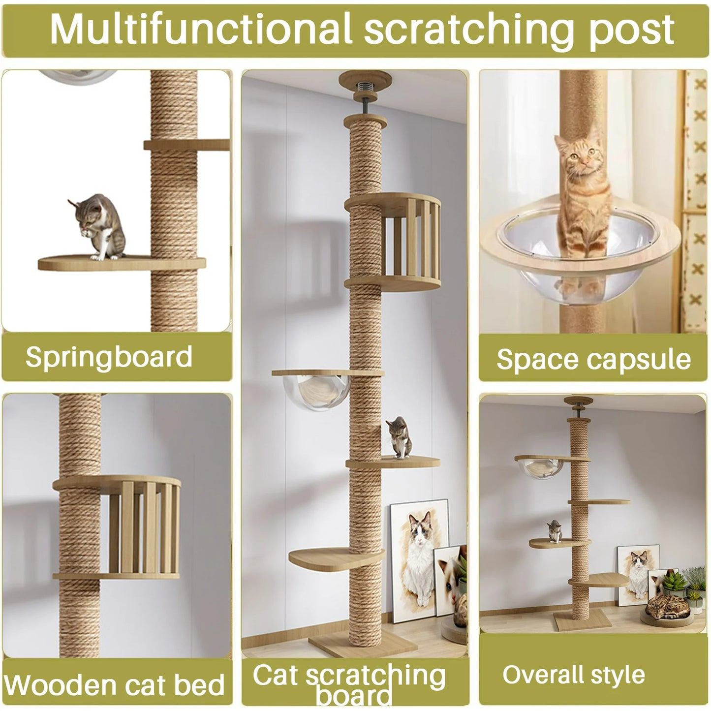 Mekidulu | Slim Wood Floor-to-Ceiling Cat Tree Tower with Space Capsule