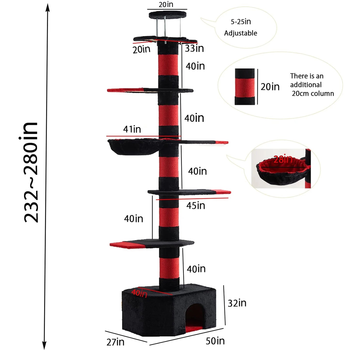 Mekidulu 7-Level 94.5-110" Gothic Pole Cat Tree with Condo, Scratching Posts,Black Red Color