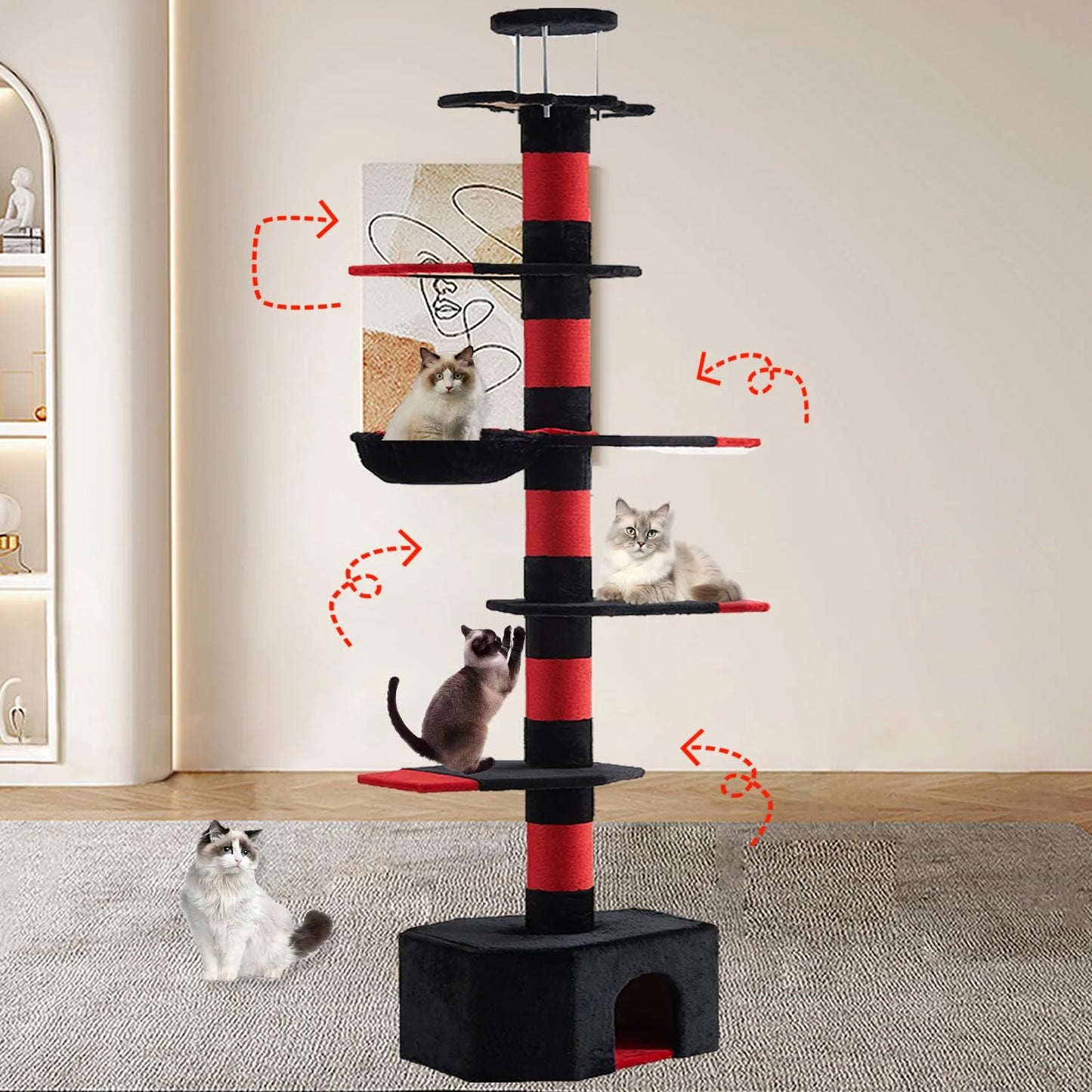 Mekidulu 7-Level 94.5-110" Gothic Pole Cat Tree with Condo, Scratching Posts,Black Red Color