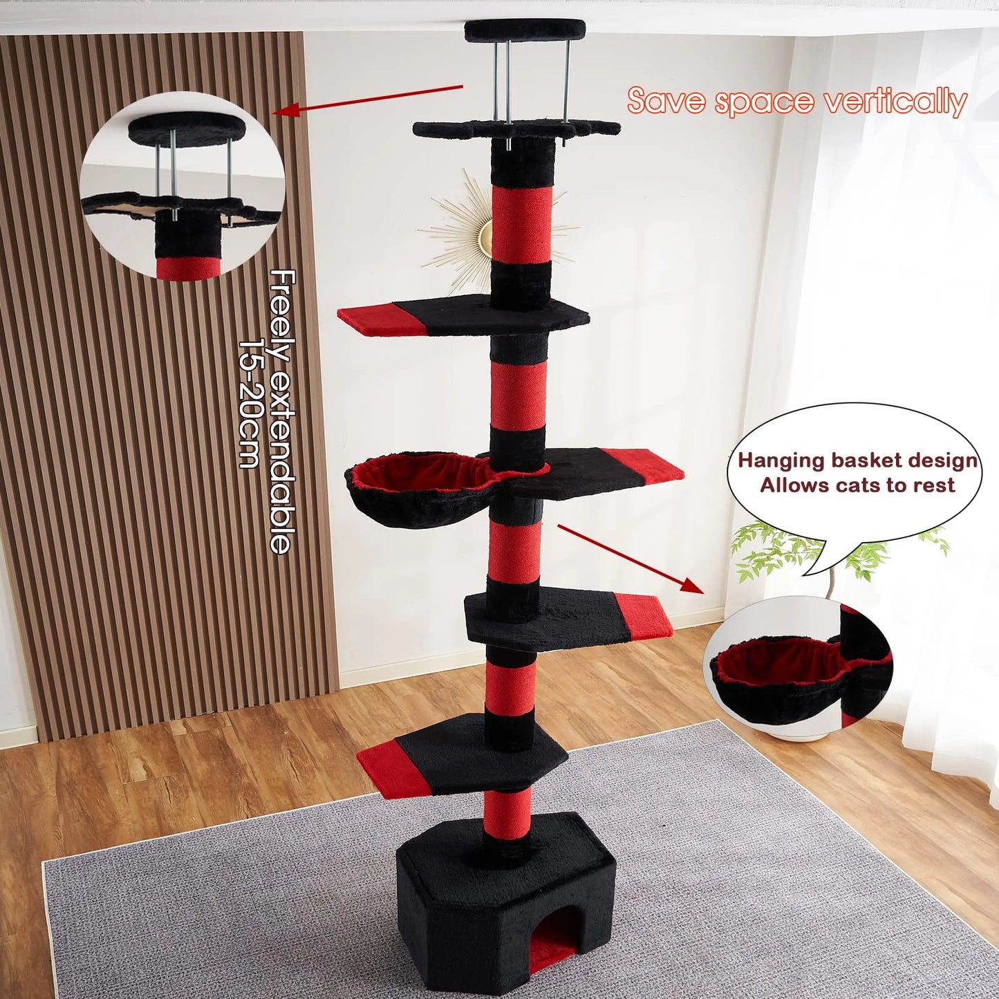 Mekidulu 7-Level 94.5-110" Gothic Pole Cat Tree with Condo, Scratching Posts,Black Red Color