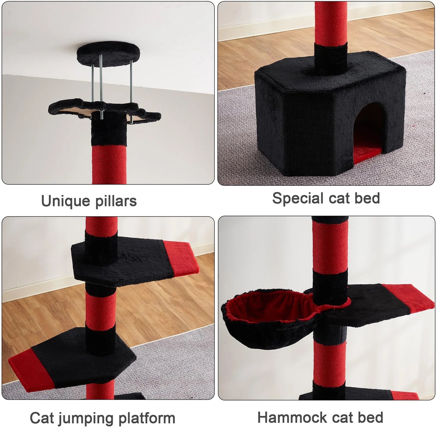 Mekidulu 7-Level 94.5-110" Gothic Pole Cat Tree with Condo, Scratching Posts,Black Red Color