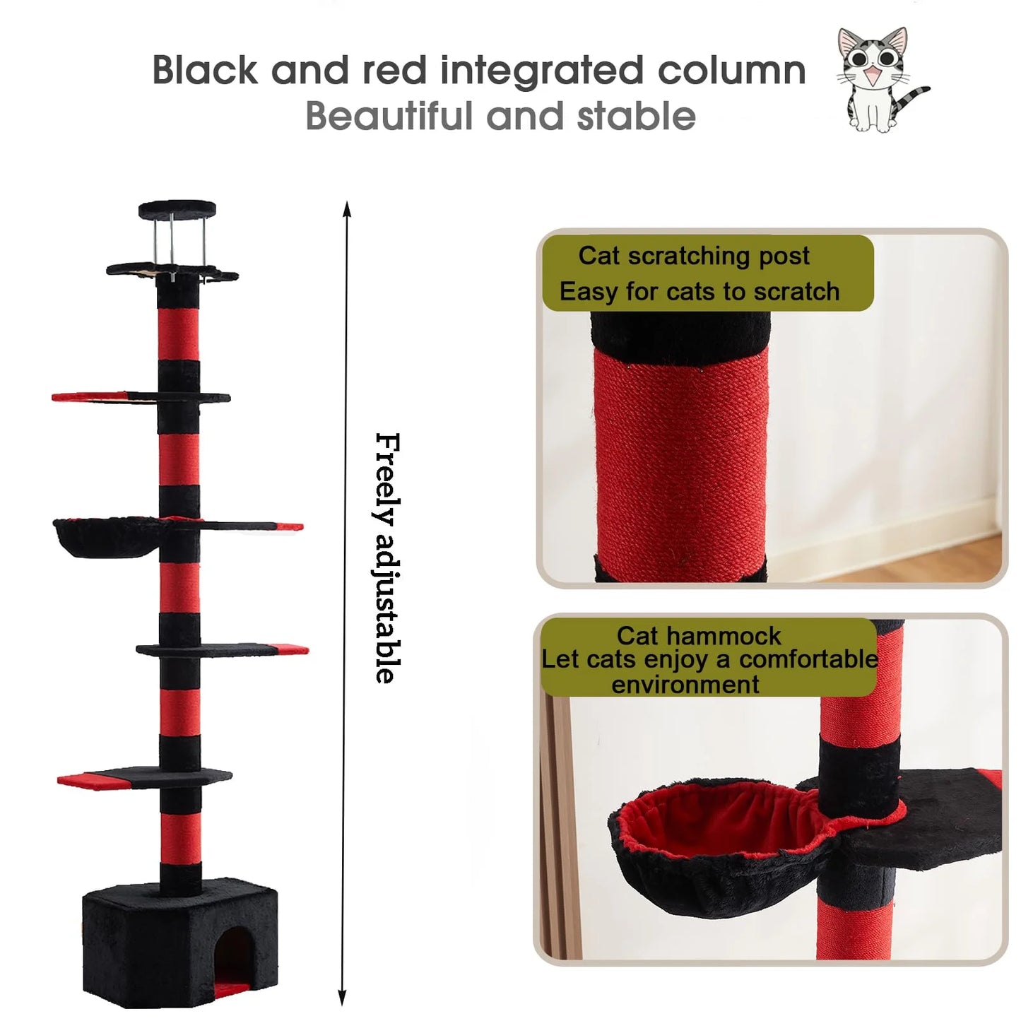 Mekidulu 7-Level 94.5-110" Gothic Pole Cat Tree with Condo, Scratching Posts,Black Red Color