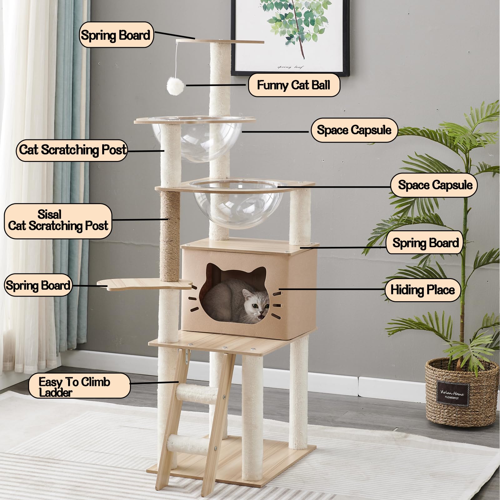 Mekidulu Cat Tree,145cm Cat Tree For Indoor Cats Multi-Level Cat Condo with Bowls,1 Cat Tree House,2 Perches,1 Cat Ladder,1 Pompoms,Bearing weight
