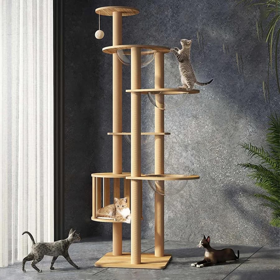 4 space capsules · jute posts · extra-large platforms