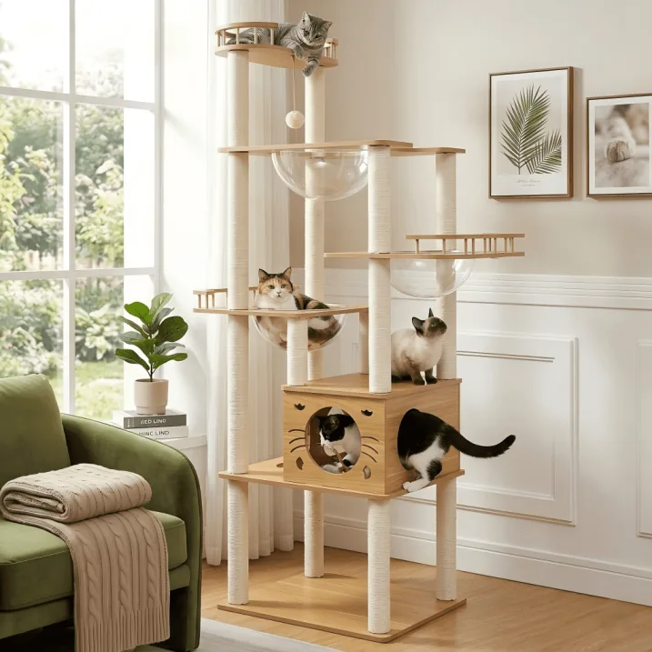 MEKI-8782 Galaxy View seven-level wood cat tree with three acrylic capsules