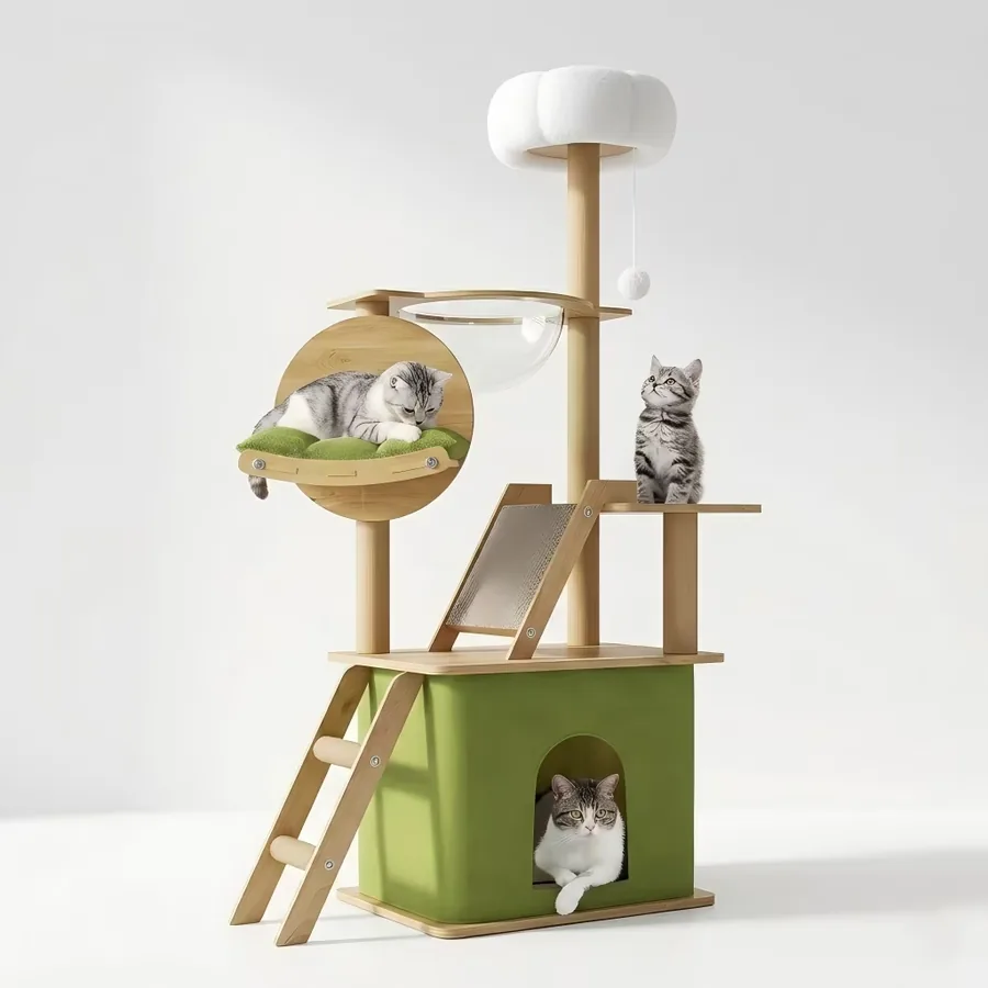 MEKI-Y18 Emerald Forest six-level wood cat tower with botanical green accents
