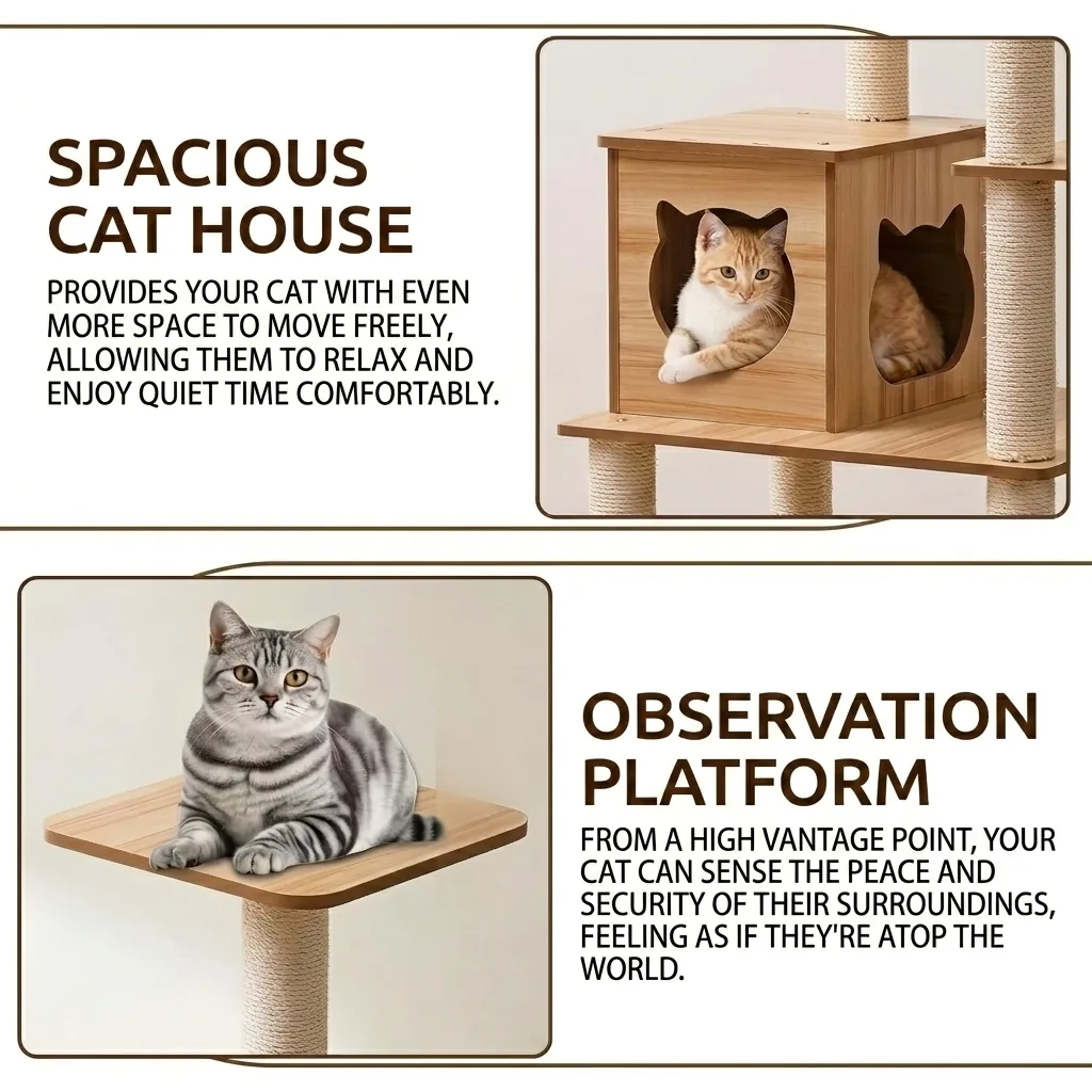 Mekidulu wood cat tree with natural sisal columns in a minimal interior