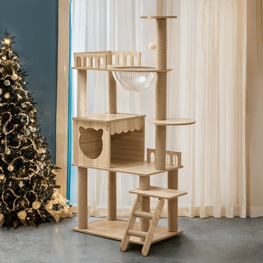 Mekidulu 54" Cat Tree Tower with Condo, Cat Stairs, Bowl, Toy Balls,9 Sisal Scratching Posts, Wooden