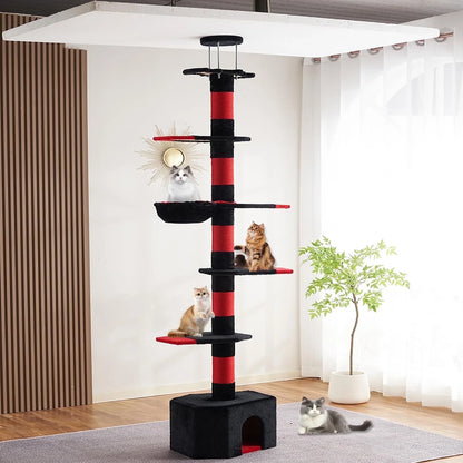 Mekidulu 7-Level 94.5-110" Gothic Pole Cat Tree with Condo, Scratching Posts,Black Red Color