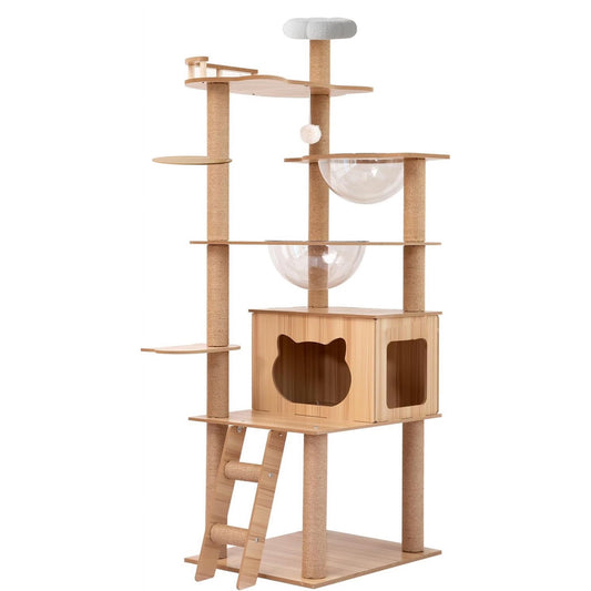 Mekidulu 7-Level 67" Wooden Cat Tree Climbing Tower with Scratching Posts,Bed, Ball, Bowl, Brown