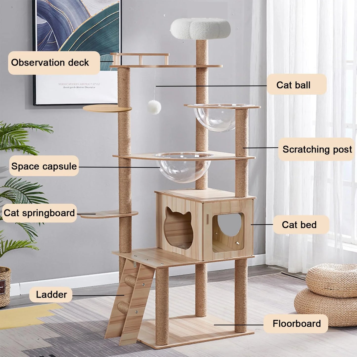 Mekidulu 7-Level 67" Wooden Cat Tree Climbing Tower with Scratching Posts,Bed, Ball, Bowl, Brown