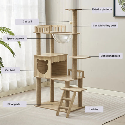 Mekidulu 54" Cat Tree Tower with Condo, Cat Stairs, Bowl, Toy Balls,9 Sisal Scratching Posts, Wooden