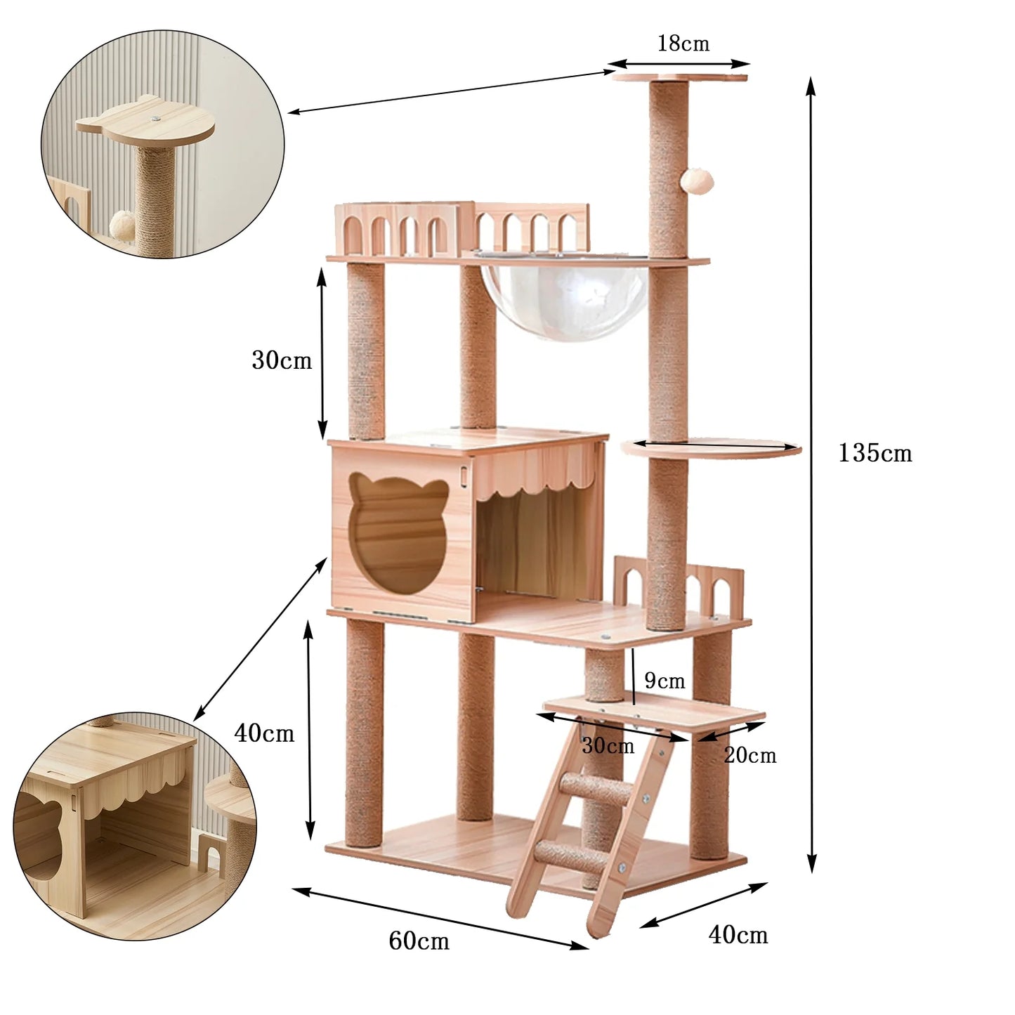 Mekidulu 54" Cat Tree Tower with Condo, Cat Stairs, Bowl, Toy Balls,9 Sisal Scratching Posts, Wooden