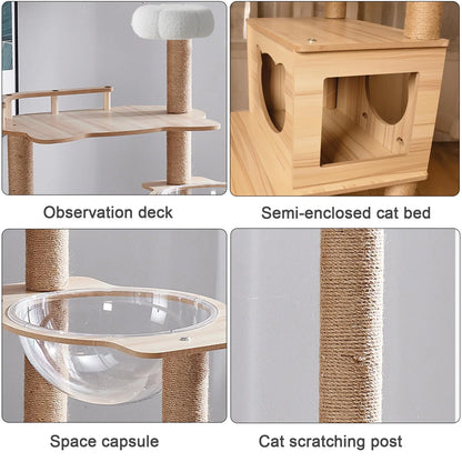 Mekidulu 7-Level 67" Wooden Cat Tree Climbing Tower with Scratching Posts,Bed, Ball, Bowl, Brown