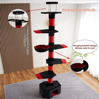 Mekidulu 7-Level 94.5-110" Gothic Pole Cat Tree with Condo, Scratching Posts,Black Red Color