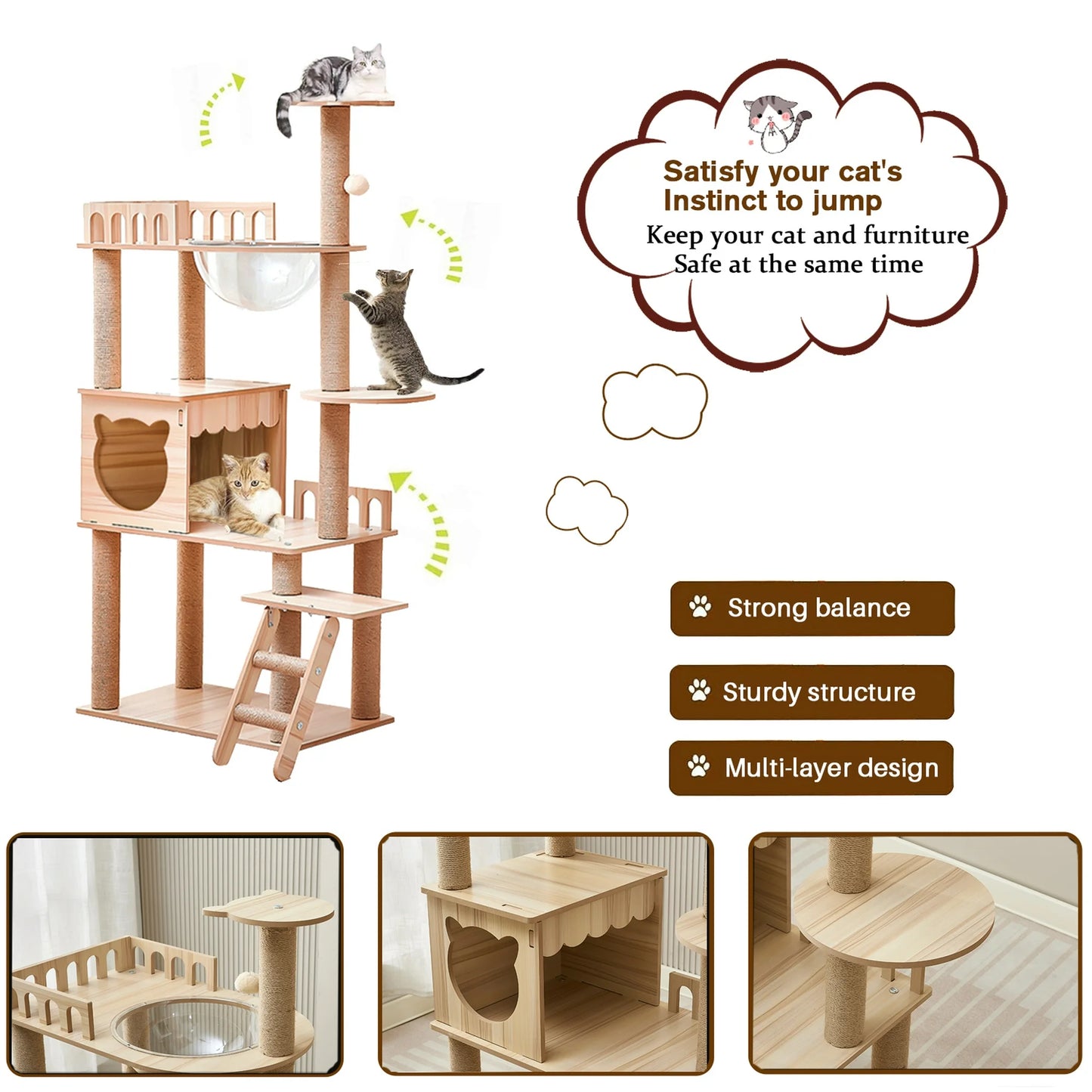 Mekidulu 54" Cat Tree Tower with Condo, Cat Stairs, Bowl, Toy Balls,9 Sisal Scratching Posts, Wooden