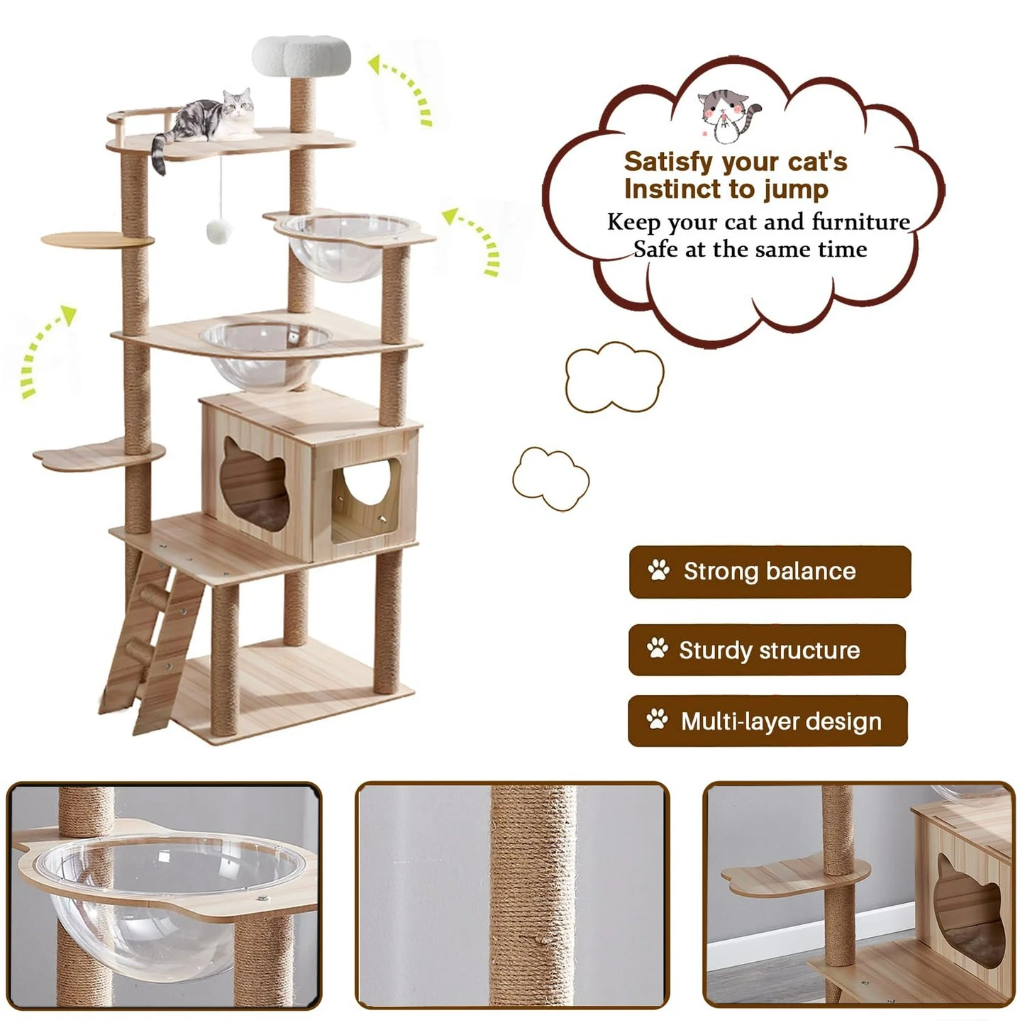 Mekidulu 7-Level 67" Wooden Cat Tree Climbing Tower with Scratching Posts,Bed, Ball, Bowl, Brown