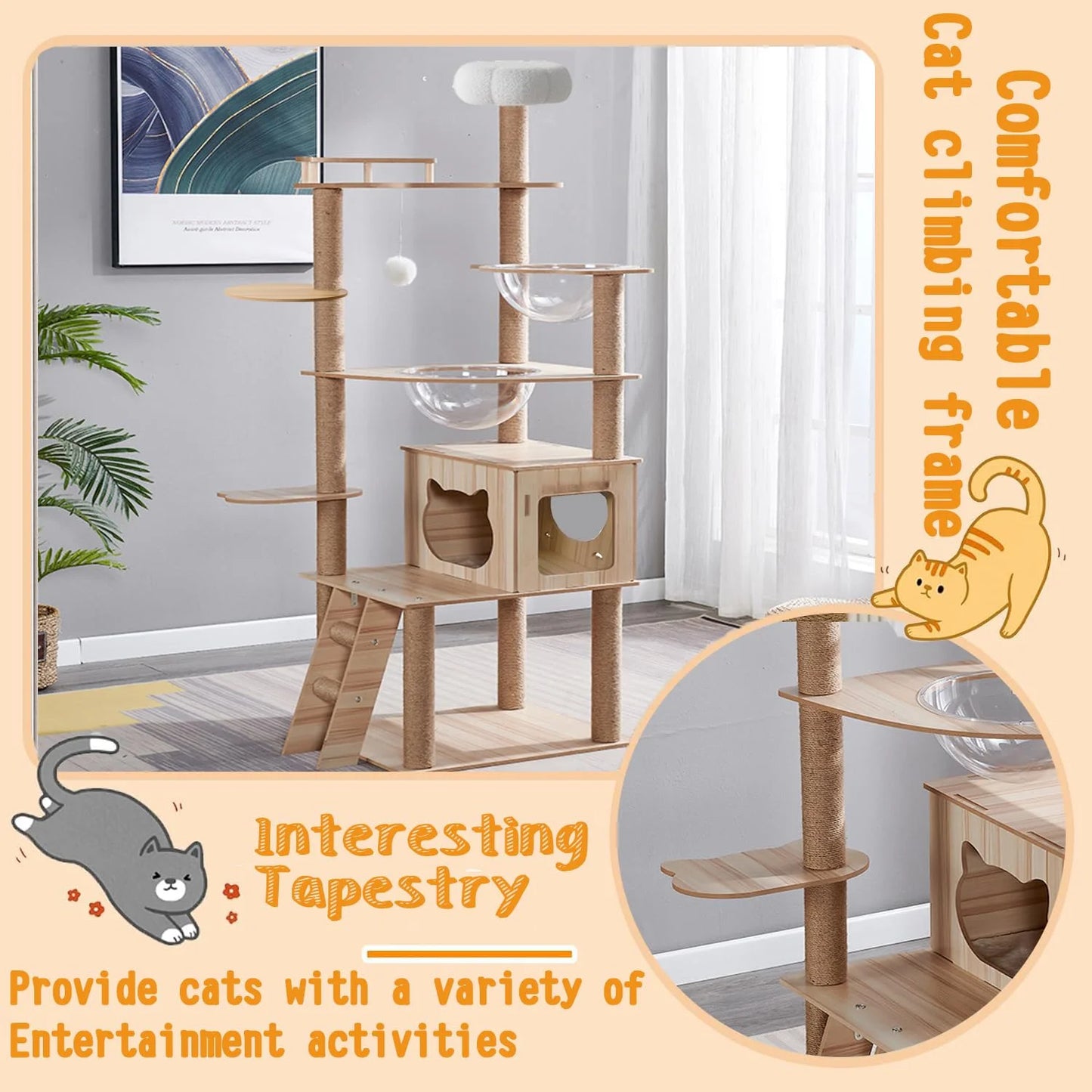 Mekidulu 7-Level 67" Wooden Cat Tree Climbing Tower with Scratching Posts,Bed, Ball, Bowl, Brown