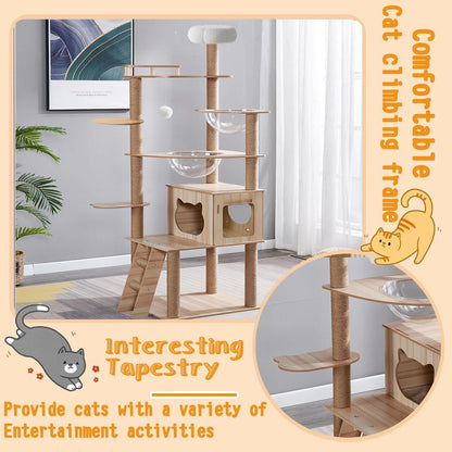 Mekidulu 7-Level 67" Wooden Cat Tree Climbing Tower with Scratching Posts,Bed, Ball, Bowl, Brown