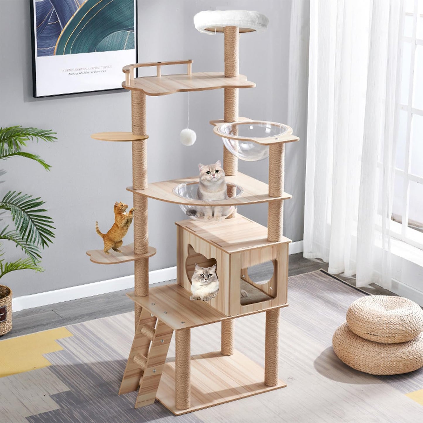Mekidulu 7-Level 67" Wooden Cat Tree Climbing Tower with Scratching Posts,Bed, Ball, Bowl, Brown