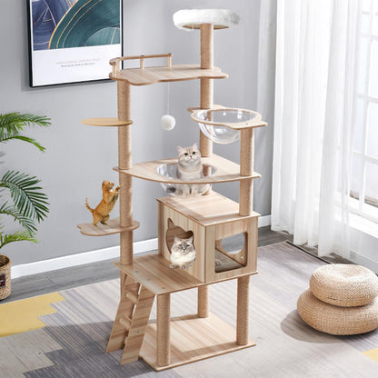 Mekidulu 7-Level 67" Wooden Cat Tree Climbing Tower with Scratching Posts,Bed, Ball, Bowl, Brown