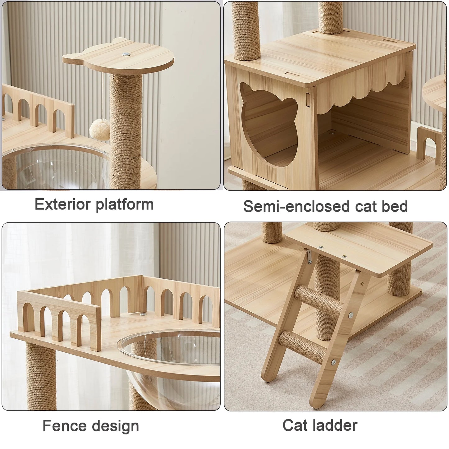 Mekidulu 54" Cat Tree Tower with Condo, Cat Stairs, Bowl, Toy Balls,9 Sisal Scratching Posts, Wooden