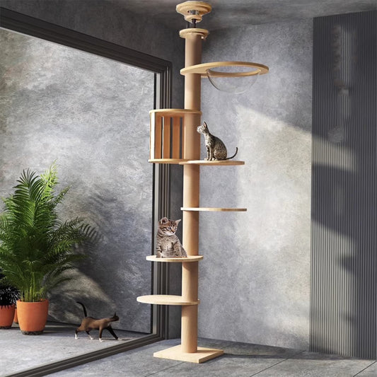 Mekidulu | Slim Wood Floor-to-Ceiling Cat Tree Tower with Space Capsule