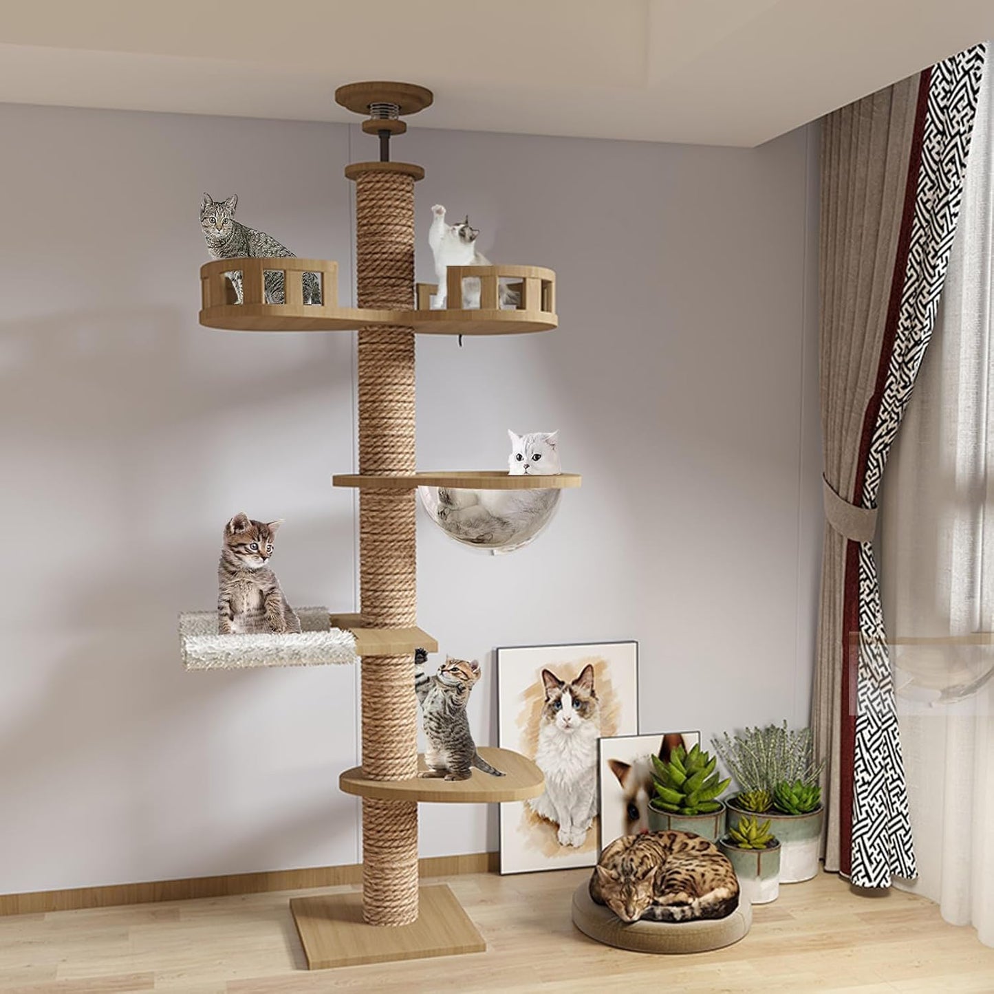 Adjustable Floor-to-Ceiling Cat Tree Tower w/ 4.3" Post & Hammock