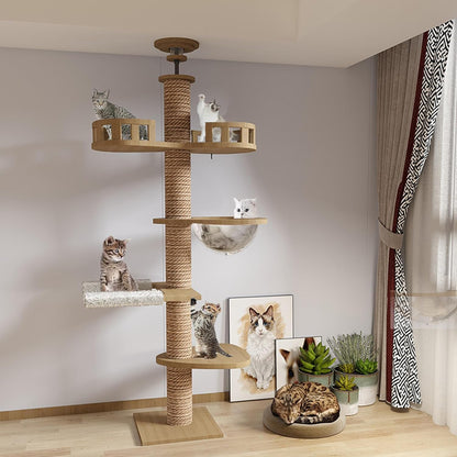 Adjustable Floor-to-Ceiling Cat Tree Tower w/ 4.3" Post & Hammock