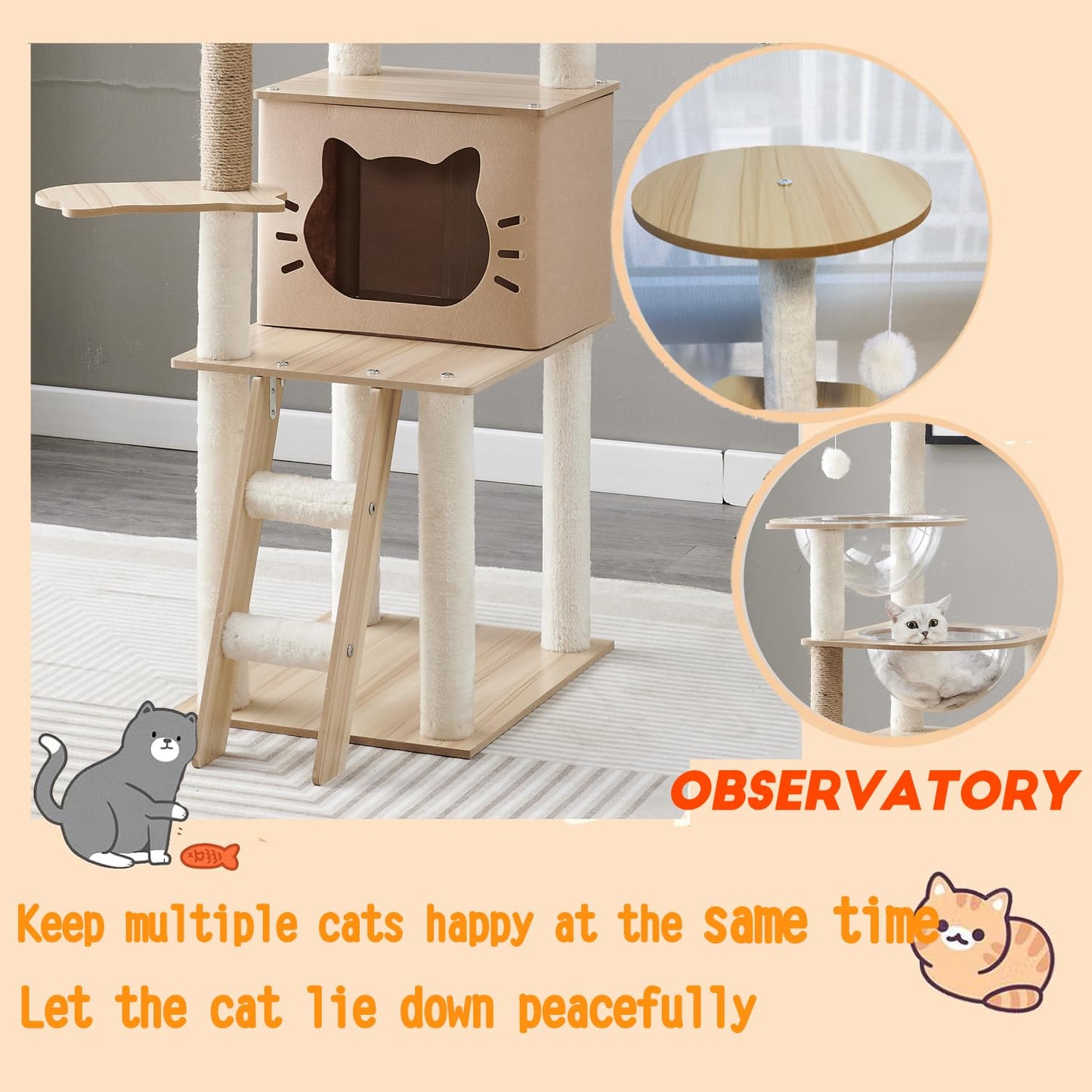 Mekidulu Cat Tree,145cm Cat Tree For Indoor Cats - Multi-Level Cat Condo with 2 Bowls,1 Cat Tree House,2 Perches,1 Cat Ladder,1 Pompoms,Bearing weight 15kg,Wooden Cat Tree（Beige N3）
