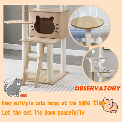 Mekidulu Cat Tree,145cm Cat Tree For Indoor Cats - Multi-Level Cat Condo with 2 Bowls,1 Cat Tree House,2 Perches,1 Cat Ladder,1 Pompoms,Bearing weight 15kg,Wooden Cat Tree（Beige N3）