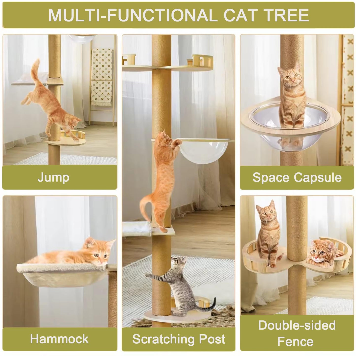 Adjustable Floor-to-Ceiling Cat Tree Tower w/ 4.3" Post & Hammock