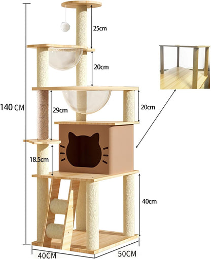 Mekidulu Cat Tree,145cm Cat Tree For Indoor Cats - Multi-Level Cat Condo with 2 Bowls,1 Cat Tree House,2 Perches,1 Cat Ladder,1 Pompoms,Bearing weight 15kg,Wooden Cat Tree（Beige N3）