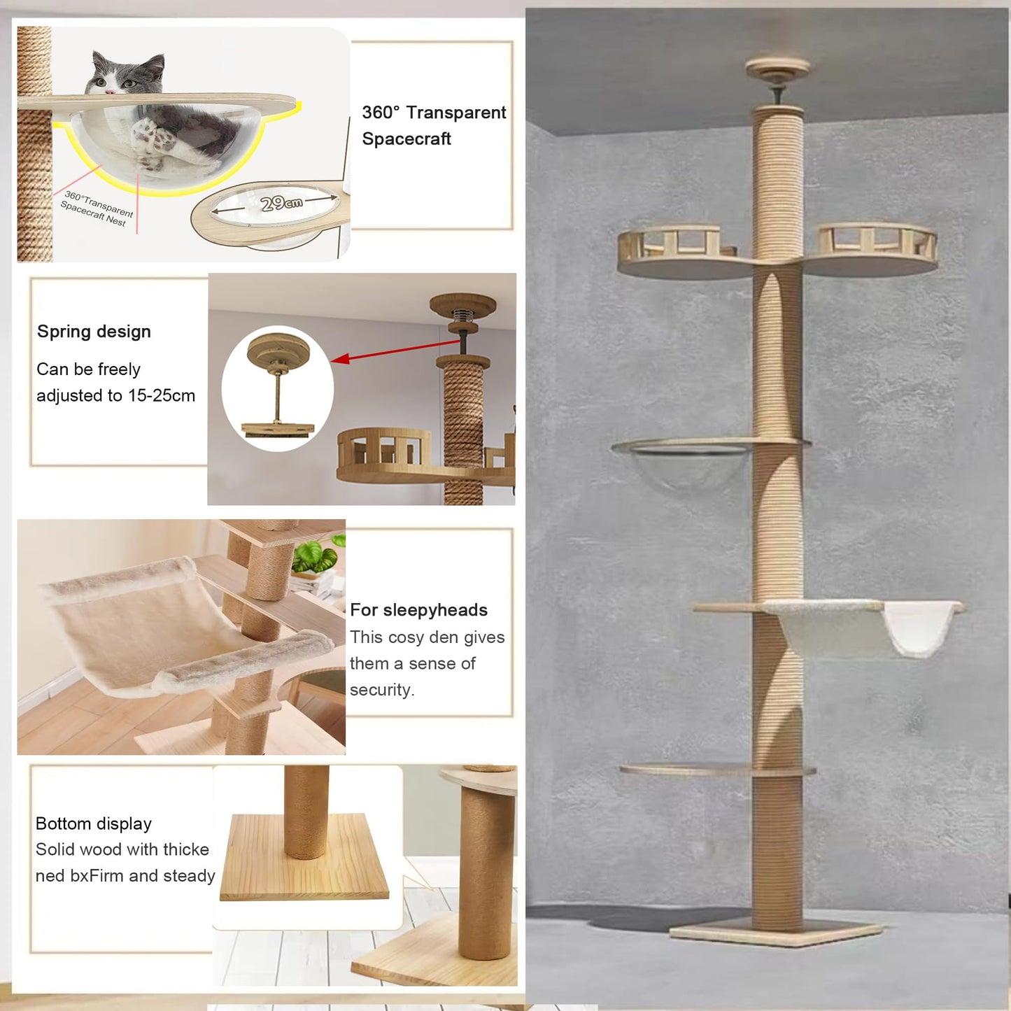 Adjustable Floor-to-Ceiling Cat Tree Tower w/ 4.3" Post & Hammock