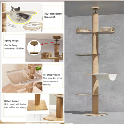 Adjustable Floor-to-Ceiling Cat Tree Tower w/ 4.3" Post & Hammock