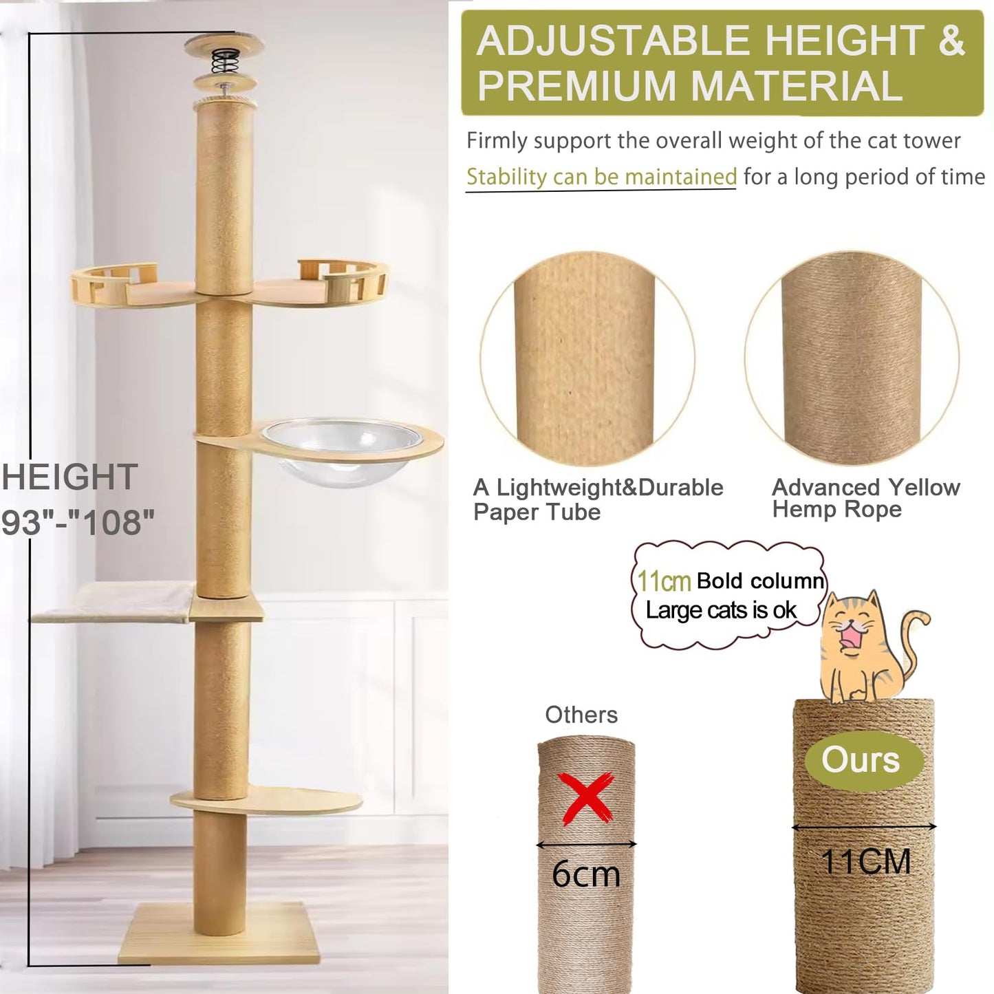 Adjustable Floor-to-Ceiling Cat Tree Tower w/ 4.3" Post & Hammock