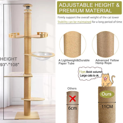 Adjustable Floor-to-Ceiling Cat Tree Tower w/ 4.3" Post & Hammock
