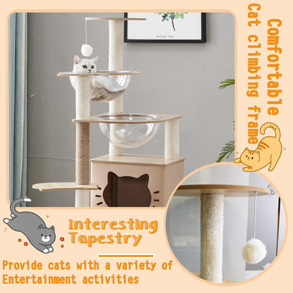 Mekidulu Cat Tree,145cm Cat Tree For Indoor Cats - Multi-Level Cat Condo with 2 Bowls,1 Cat Tree House,2 Perches,1 Cat Ladder,1 Pompoms,Bearing weight 15kg,Wooden Cat Tree（Beige N3）
