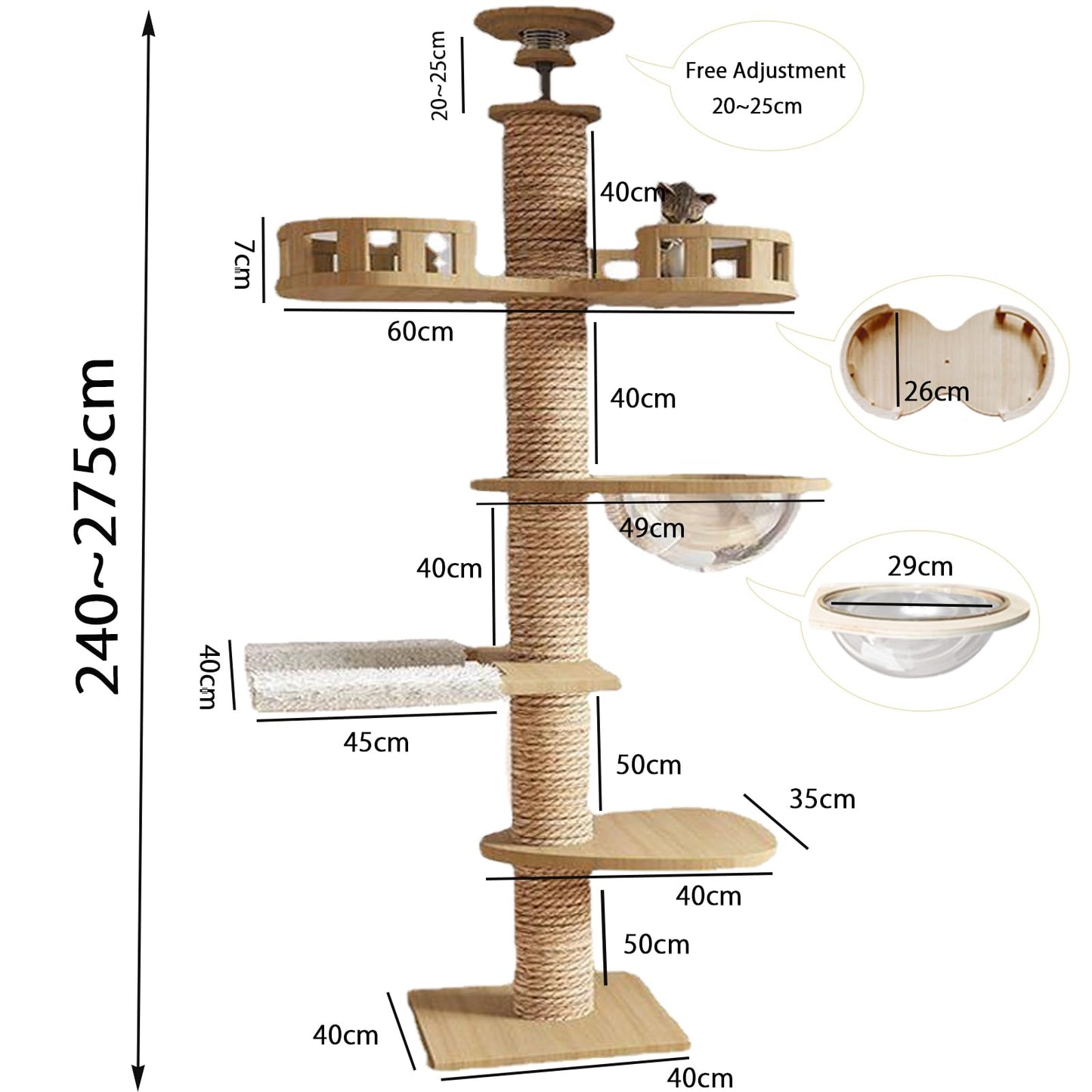 Adjustable Floor-to-Ceiling Cat Tree Tower w/ 4.3" Post & Hammock