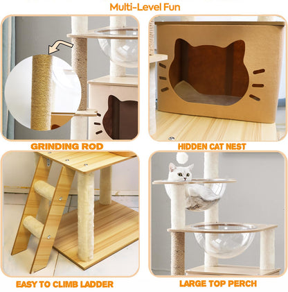 Mekidulu Cat Tree,145cm Cat Tree For Indoor Cats - Multi-Level Cat Condo with 2 Bowls,1 Cat Tree House,2 Perches,1 Cat Ladder,1 Pompoms,Bearing weight 15kg,Wooden Cat Tree（Beige N3）