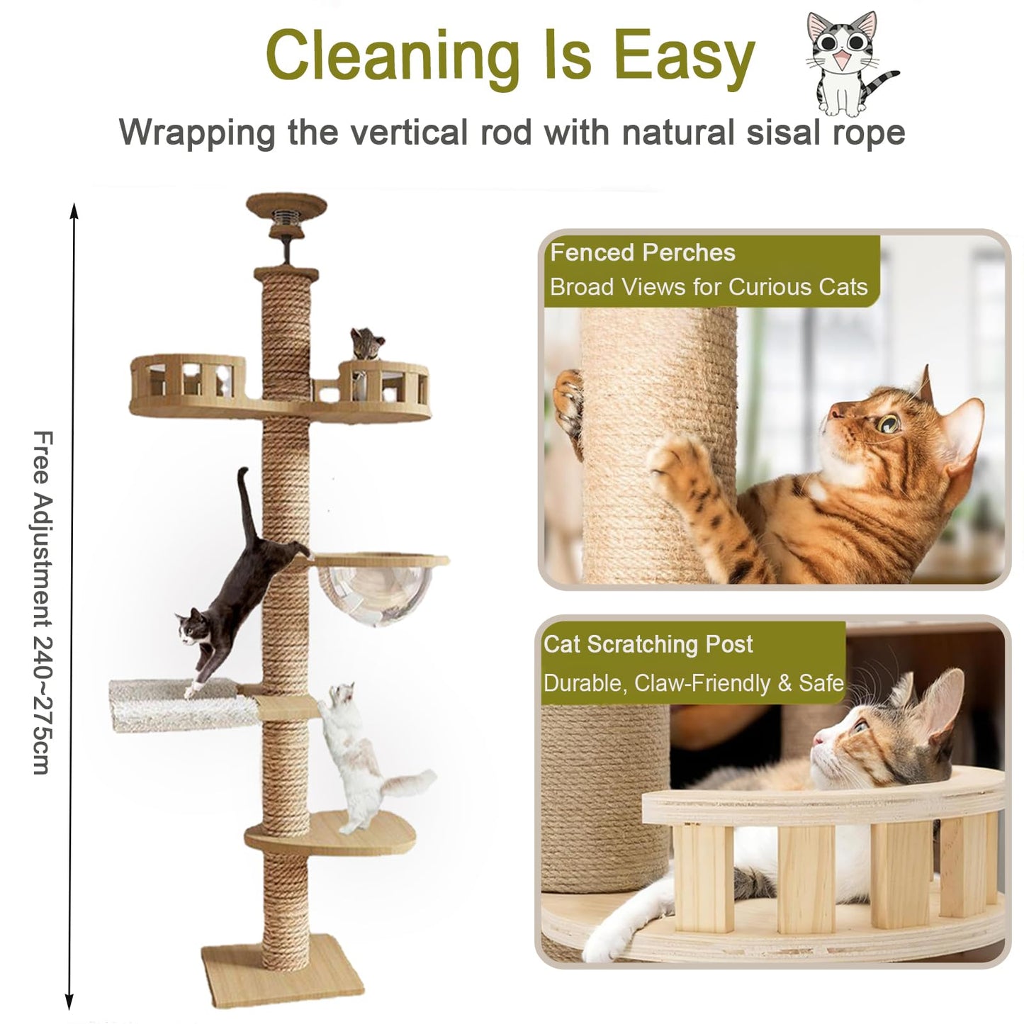 Adjustable Floor-to-Ceiling Cat Tree Tower w/ 4.3" Post & Hammock