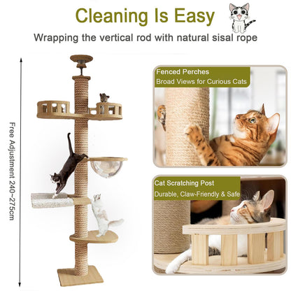 Adjustable Floor-to-Ceiling Cat Tree Tower w/ 4.3" Post & Hammock